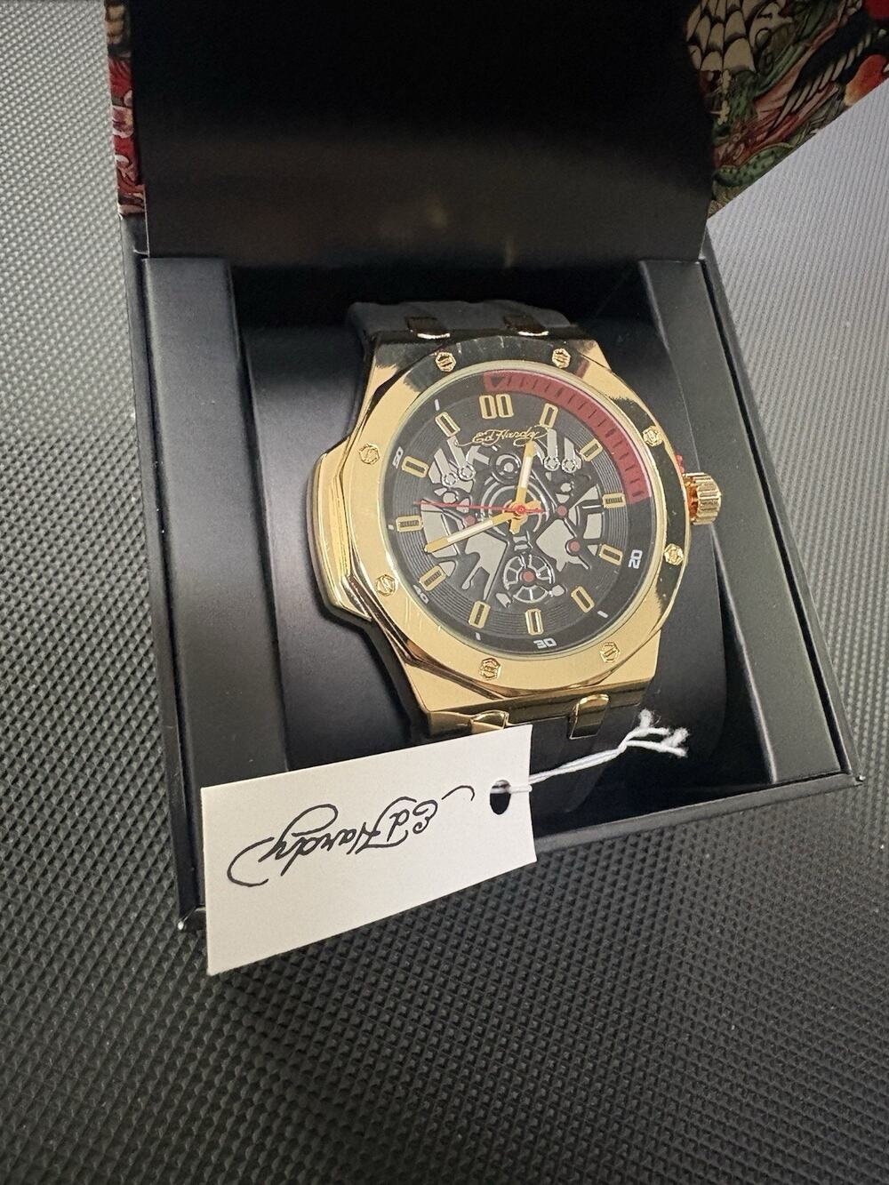 Ed Hardy York Men's Quartz Analog Watch Gold Tone Case Black Rubber Strap w/ Box
